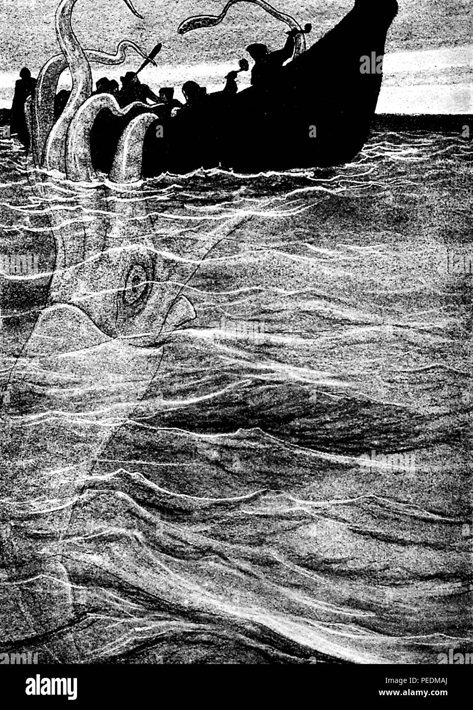 Black and white illustration depicting the Kraken, a legendary, giant, squid-like sea monster, attacking a rowboat full of people, from the serial 'St Nicholas, ' volume XLVII, authored by Mary Mapes Dodge, and published in New York by The Century Company, 1873. Courtesy Internet Archive. () Stock Photo