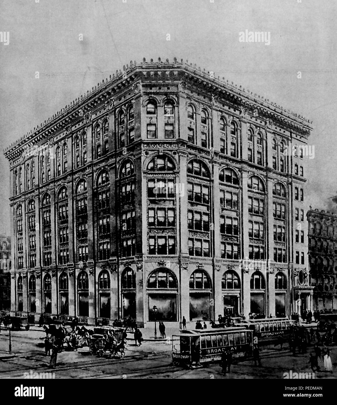 Black and white image depicting the classical revival facade of the Broadway Cable Railroad Company power station in New York, with trams and pedestrians in the foreground, from the volume 'Real Estate Record and Builders' Guide, ' published in New York by FW Dodge Corp, 1888. Courtesy Internet Archive.  () Stock Photo