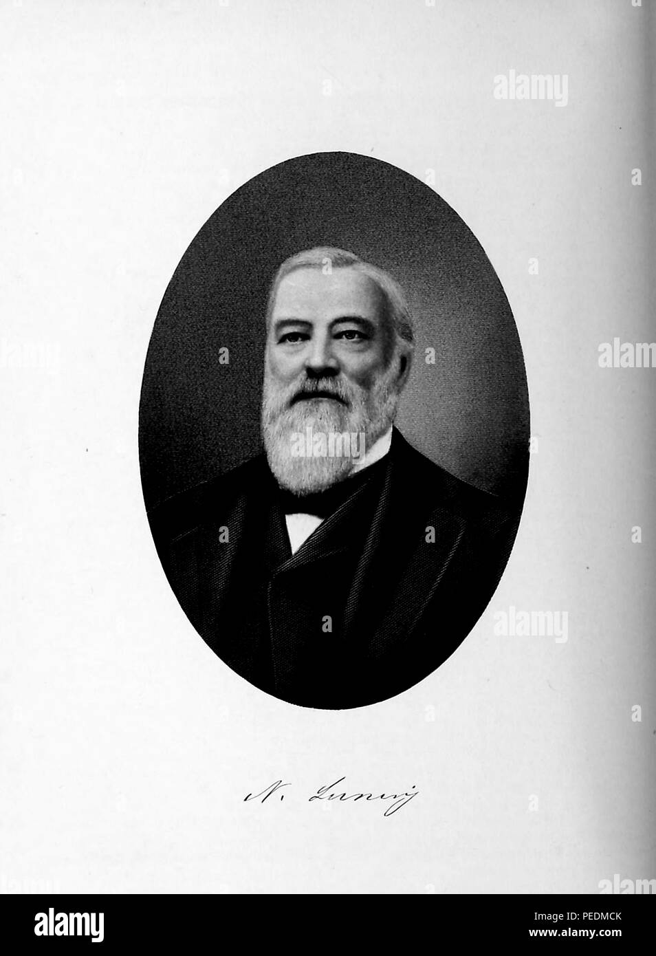 Black and white portrait print of prominent California pioneer and businessman Nicholas Luning, with a white, beard, dark suit and tie, and a serious expression on his face, from the volume 'History of the State of California and Biographical Record of Oakland and Environs, ' authored by JM (James Miller) Guinn, and published in Los Angeles by the Historic Record Co, 1907. Courtesy Internet Archive. () Stock Photo