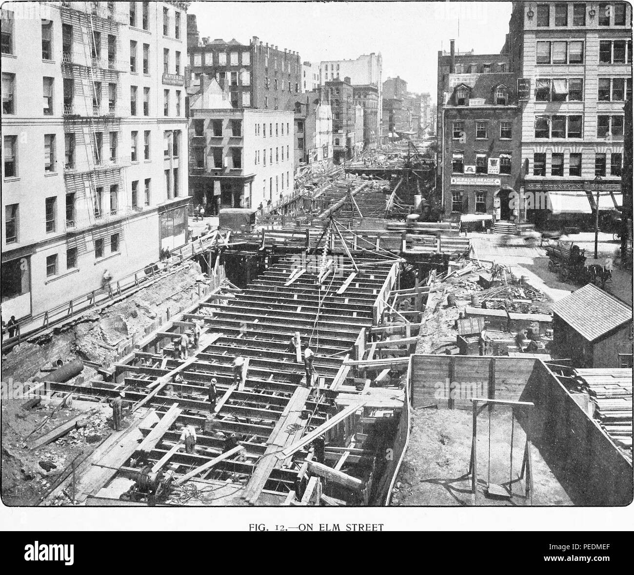 Photoengraving of construction of New York City's first subway line, along Elm Street and Lafayette Place, 1901. Courtesy Internet Archive. () Stock Photo