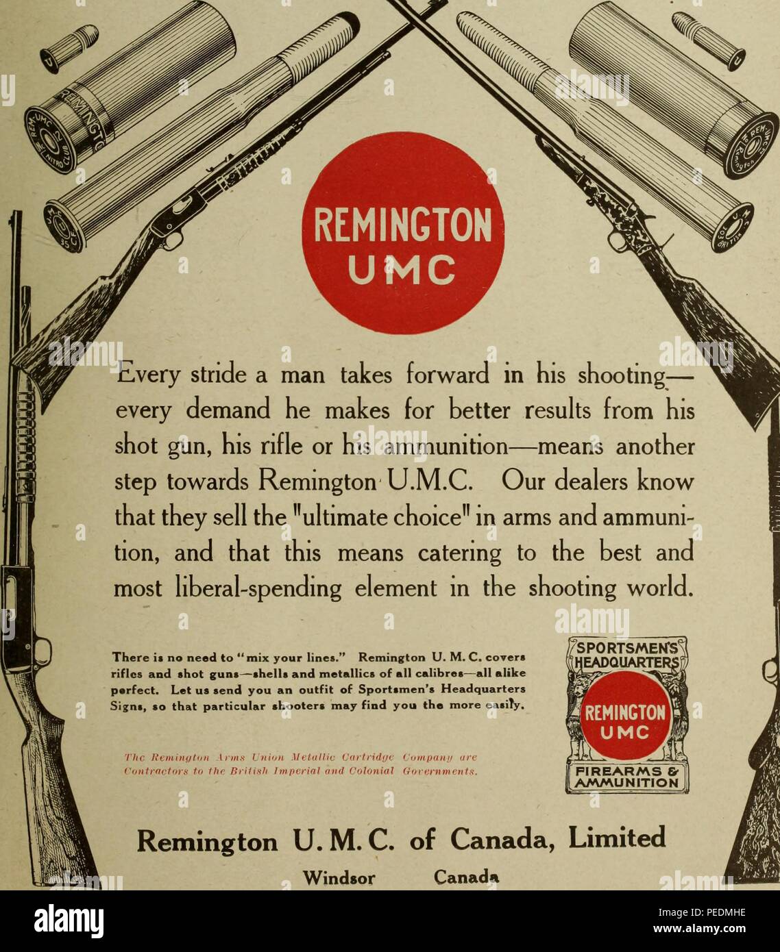Black and white print advertising Remington UMC (Union Metallic Cartridge) shotguns and shells, with images of each, and with marketing text pointing out that Remington's integrated components make it unnecessary to 'mix your lines', 1917. Courtesy Internet Archive. () Stock Photo