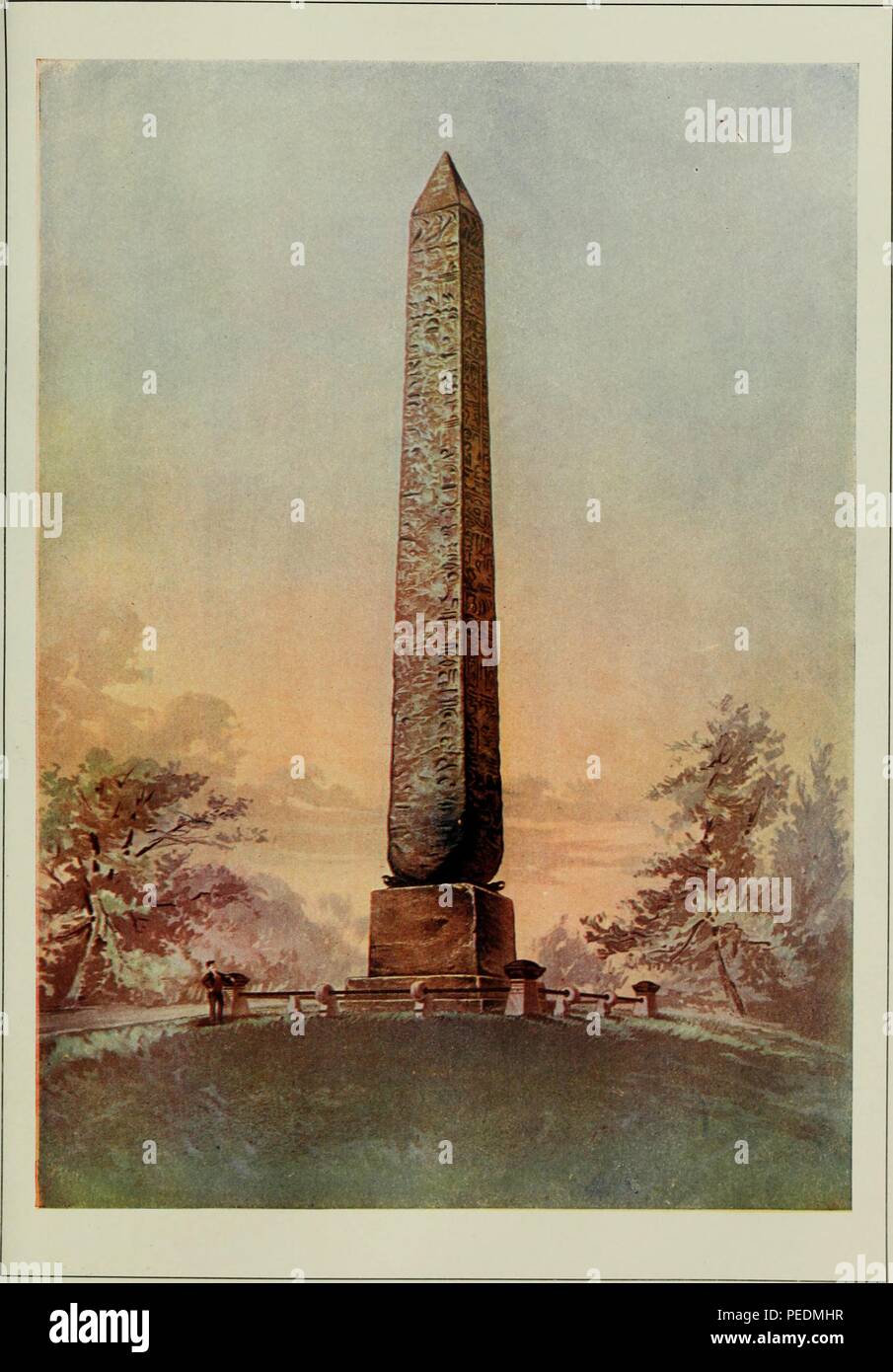 Color print illustrating Cleopatra's Needle in Central Park, New York, one of two 18th Dynasty obelisks, originally mounted near the Great Temple at Heliopolis in Egypt, which was gifted to the United States in 1877, 1903. Courtesy Internet Archive. () Stock Photo