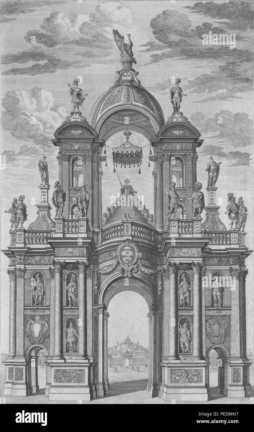 Black and white engraving illustrating a multi-level, baroque triumphal arch, with biblical figures and pictorial metaphors, including King David holding a lyre above the cupola and King Solomon seated beneath a tabernacle, published in Johan Ulrich Krauss' 'Historische Bilder-Bibel', 1700. Courtesy Internet Archive. () Stock Photo