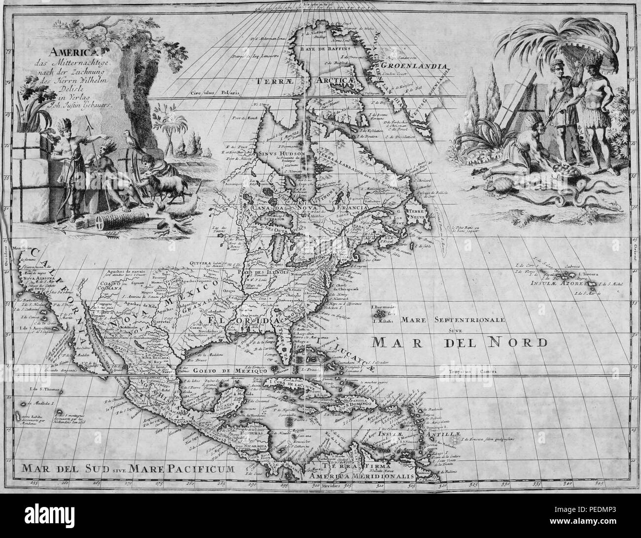 Black and white map of The Arctic, Greenland, North America, Central America, and the Caribbean islands, with place names, and illustrations at the upper left and right depicting two groups of indigenous peoples, 1825. Courtesy Internet Archive. () Stock Photo