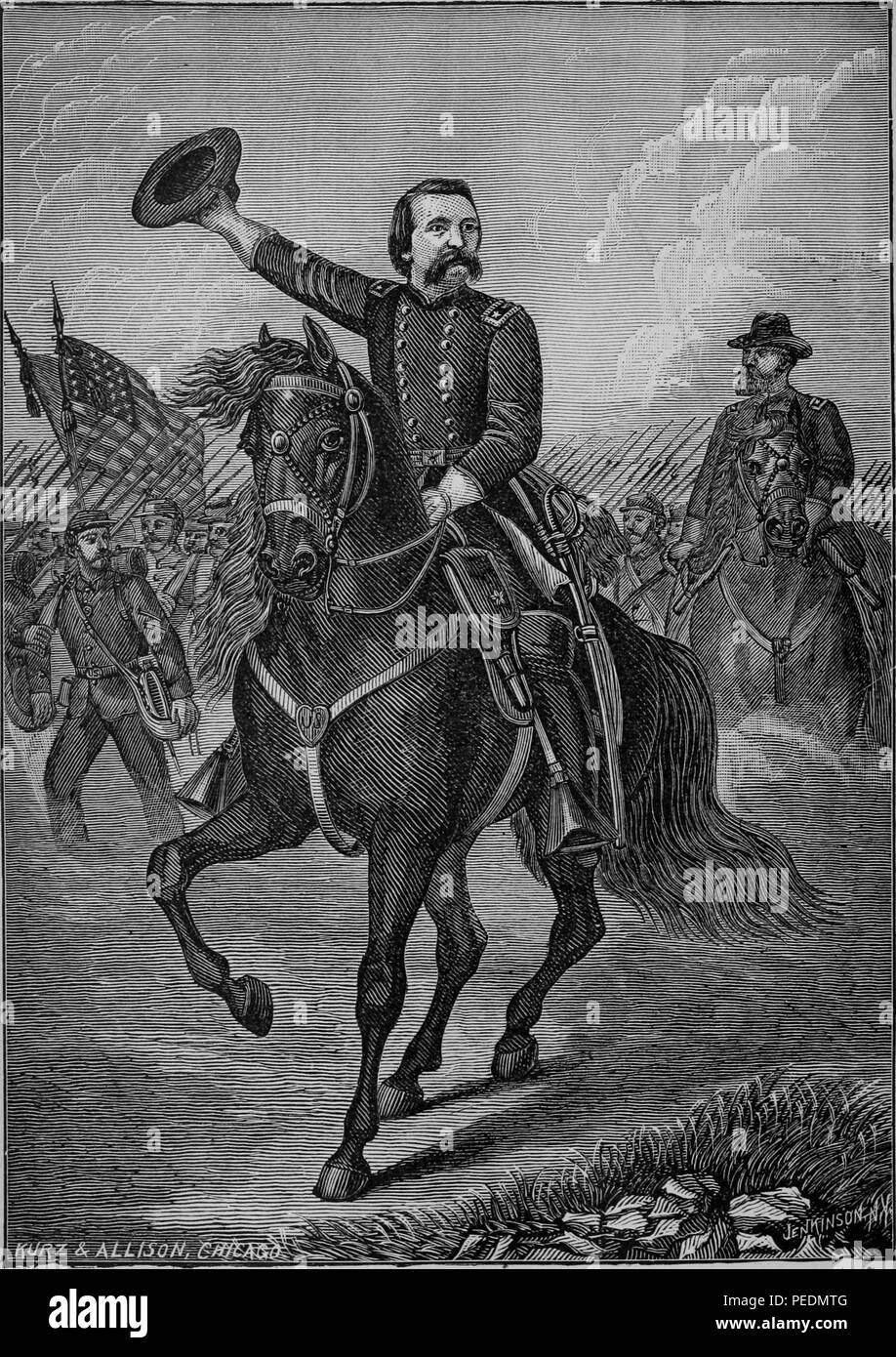 Black and white print depicting Union General John Alexander Logan during the 1864 Battle of Dallas, riding on horseback, in full uniform, and waving his hat in the air, with soldiers, most holding bayonets, in the background, 1884. Courtesy Internet Archive. () Stock Photo