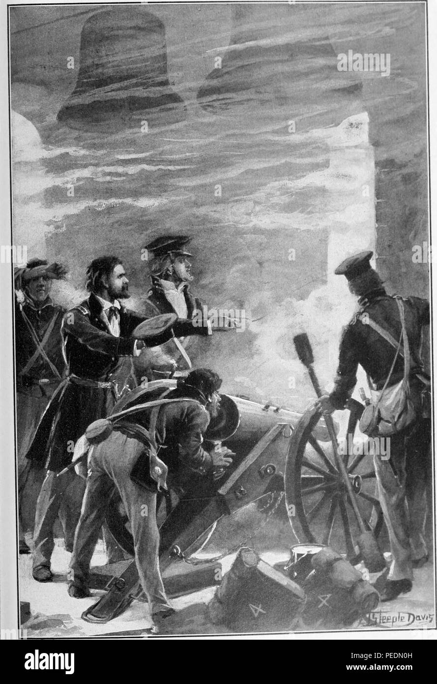 Black and white print of 18th president of the United States, Ulysses Simpson Grant, during the 1847 bombardment of Mexico, Grant is bareheaded, holding his hat in one hand and pointing with the other to direct the aim of a soldier bent over a howitzer, with several other soldiers crowded around, based on an original painting by artist John Steeple Davis, 1913. Courtesy Internet Archive. () Stock Photo