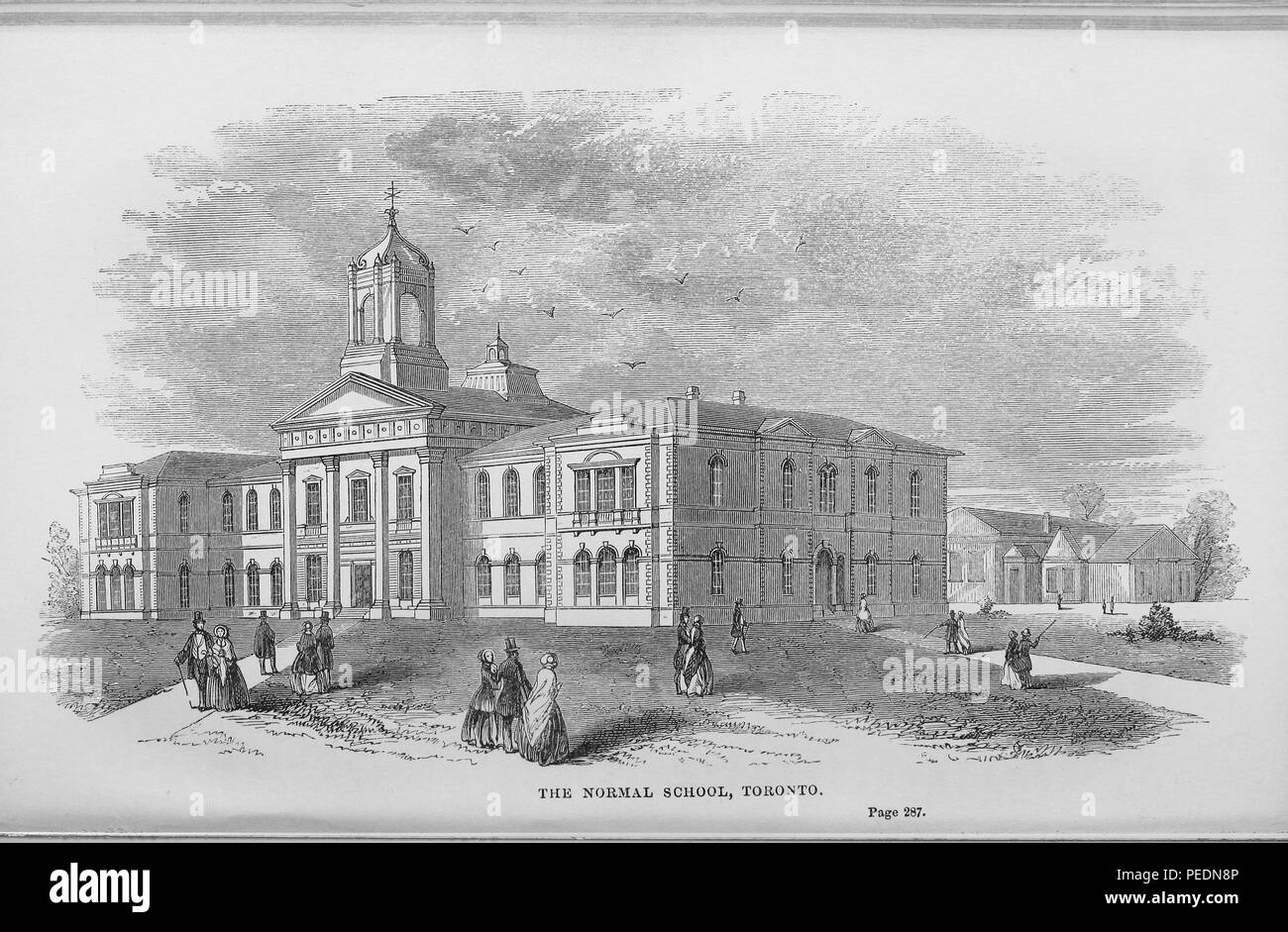 Black and white print of a teacher's college, located in Ontario, Canada, captioned 'The Normal School, Toronto, ' depicting a large, classical revival building, with a central tower and a small gable surmounting the entrance, and pedestrians in Victorian dress in the foreground, 1857. Courtesy Internet Archive. () Stock Photo