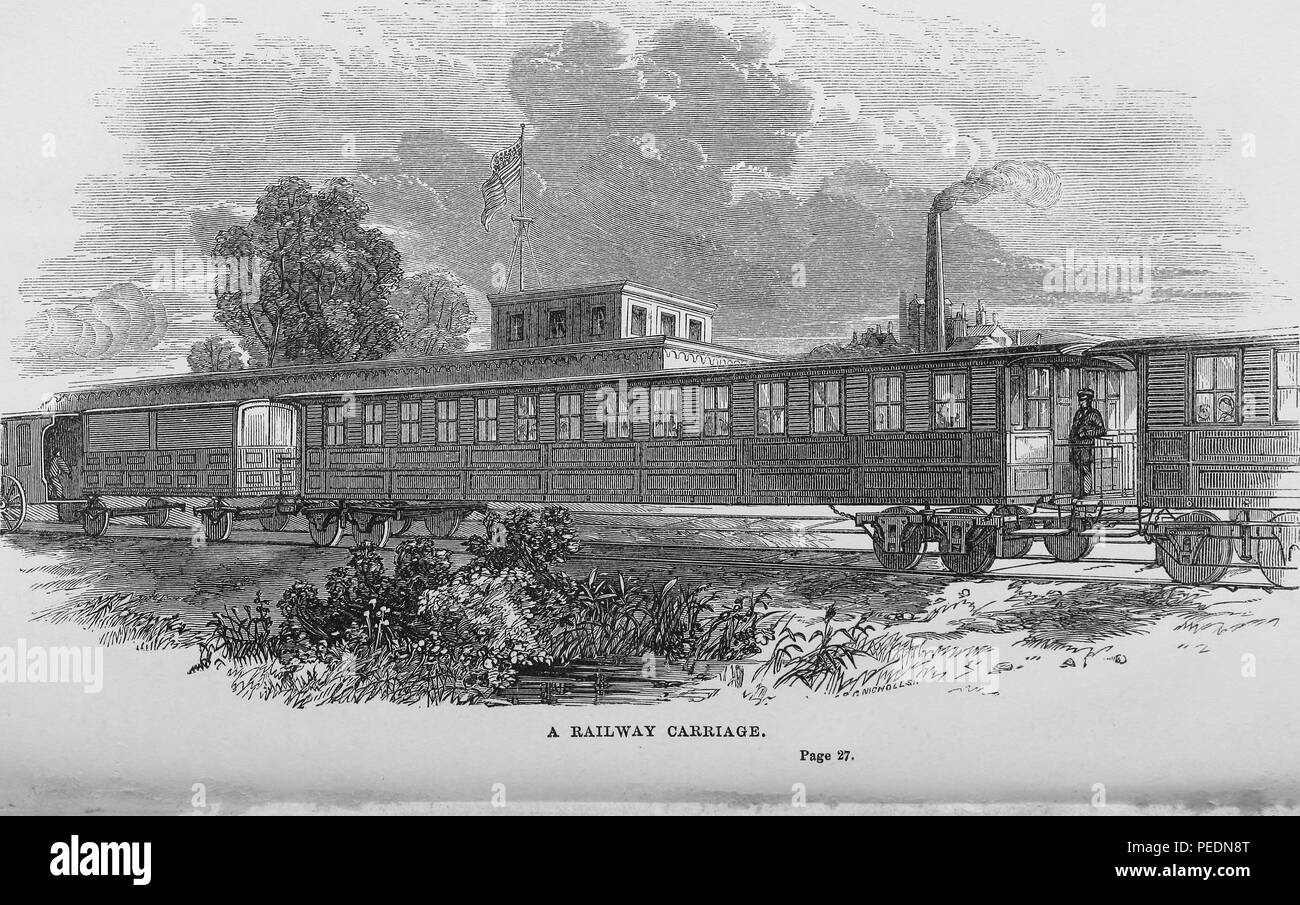 Black and white print of a mid-nineteenth-century, New York railway carriage, with a factory and building flying an American flag in the background, 1857. Courtesy Internet Archive. () Stock Photo
