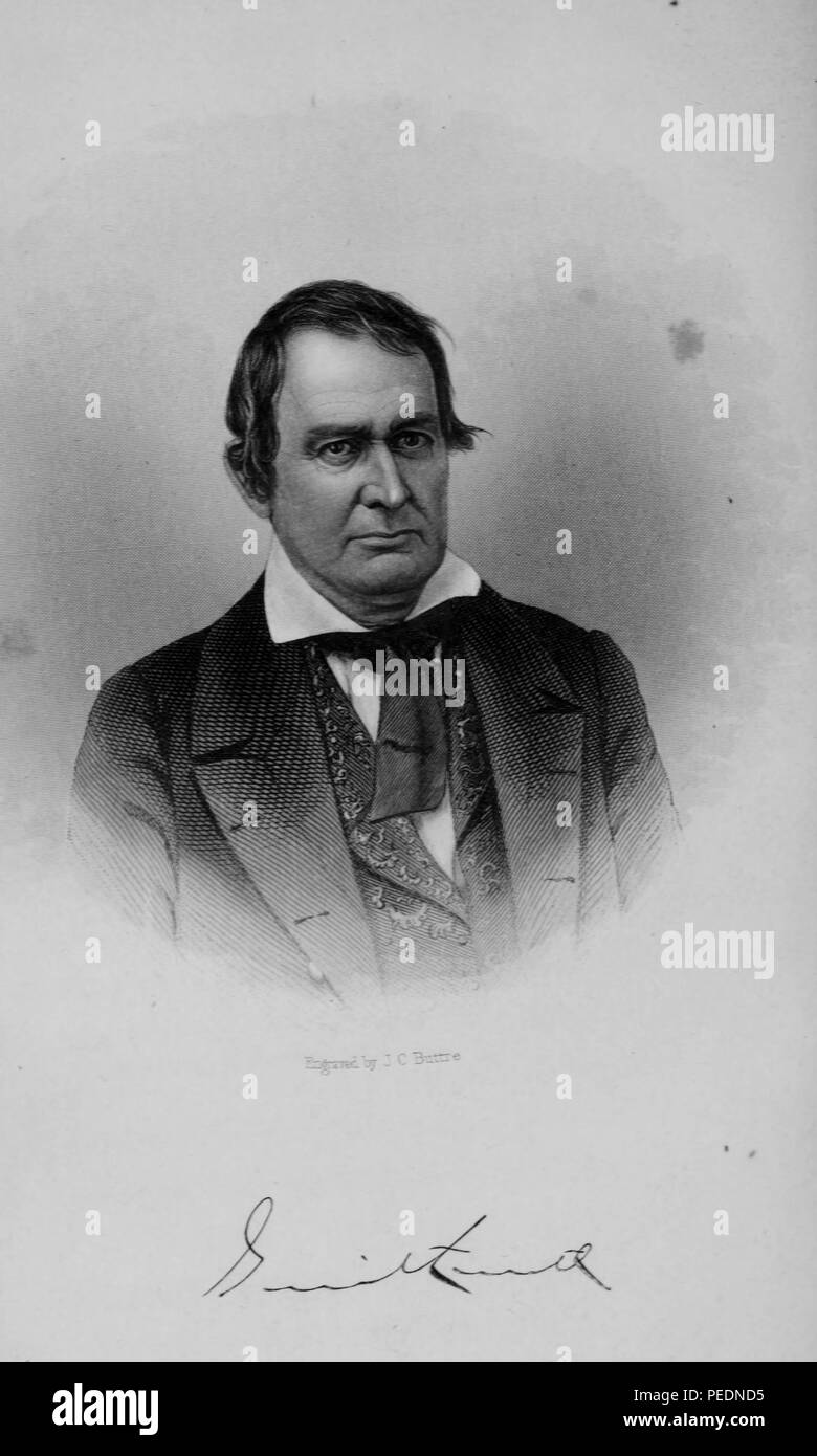 Black and white portrait print of social reformer, abolitionist, and politician, Gerrit Smith, depicted from the chest up, wearing a dark suit and necktie and a paisley waistcoat, facing the viewer, with a clean-shaven face, dark hair, and a serious expression on his face, 1854. Courtesy Internet Archive. () Stock Photo