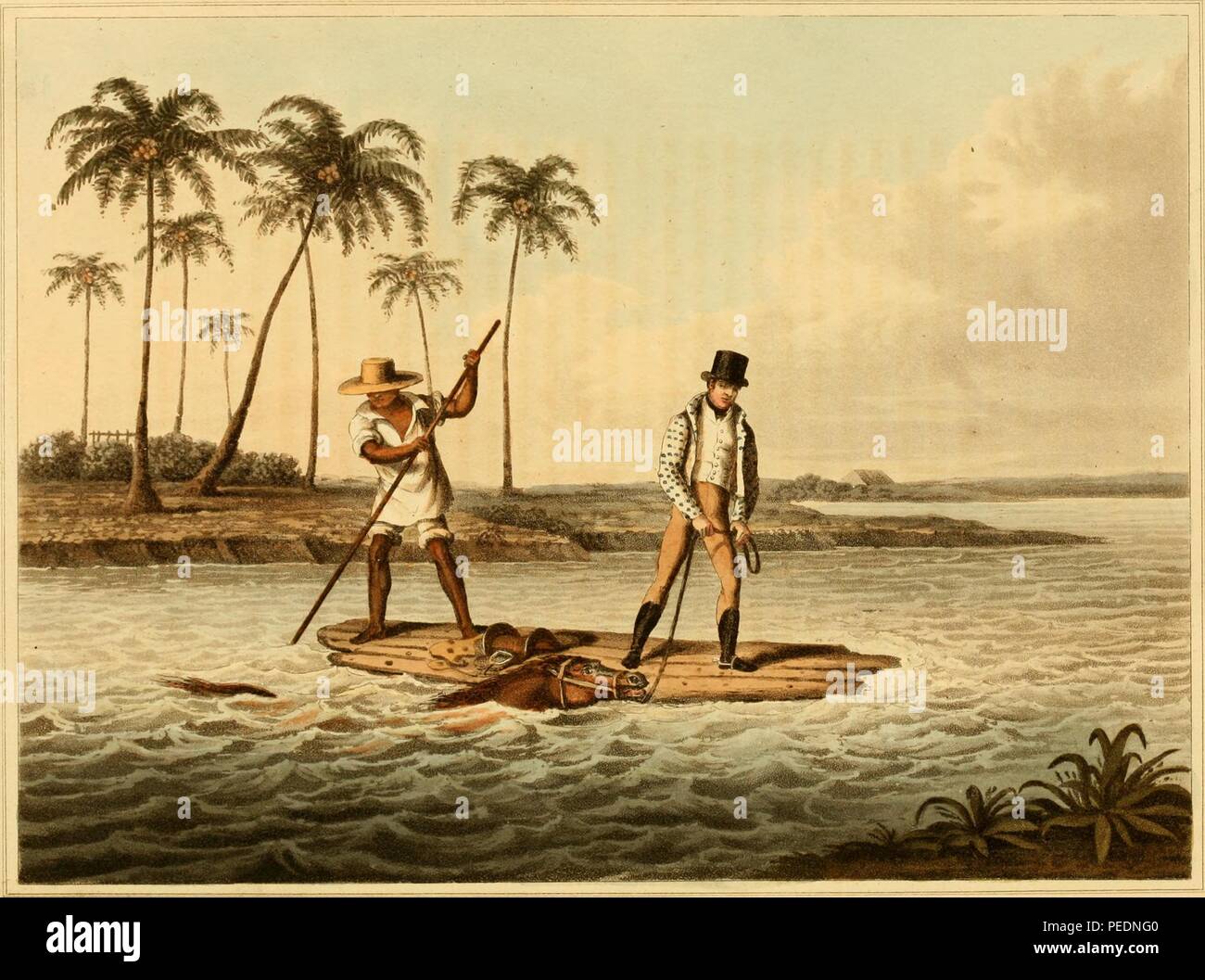 Color illustration of a European man using a 'janganda' or small raft ...