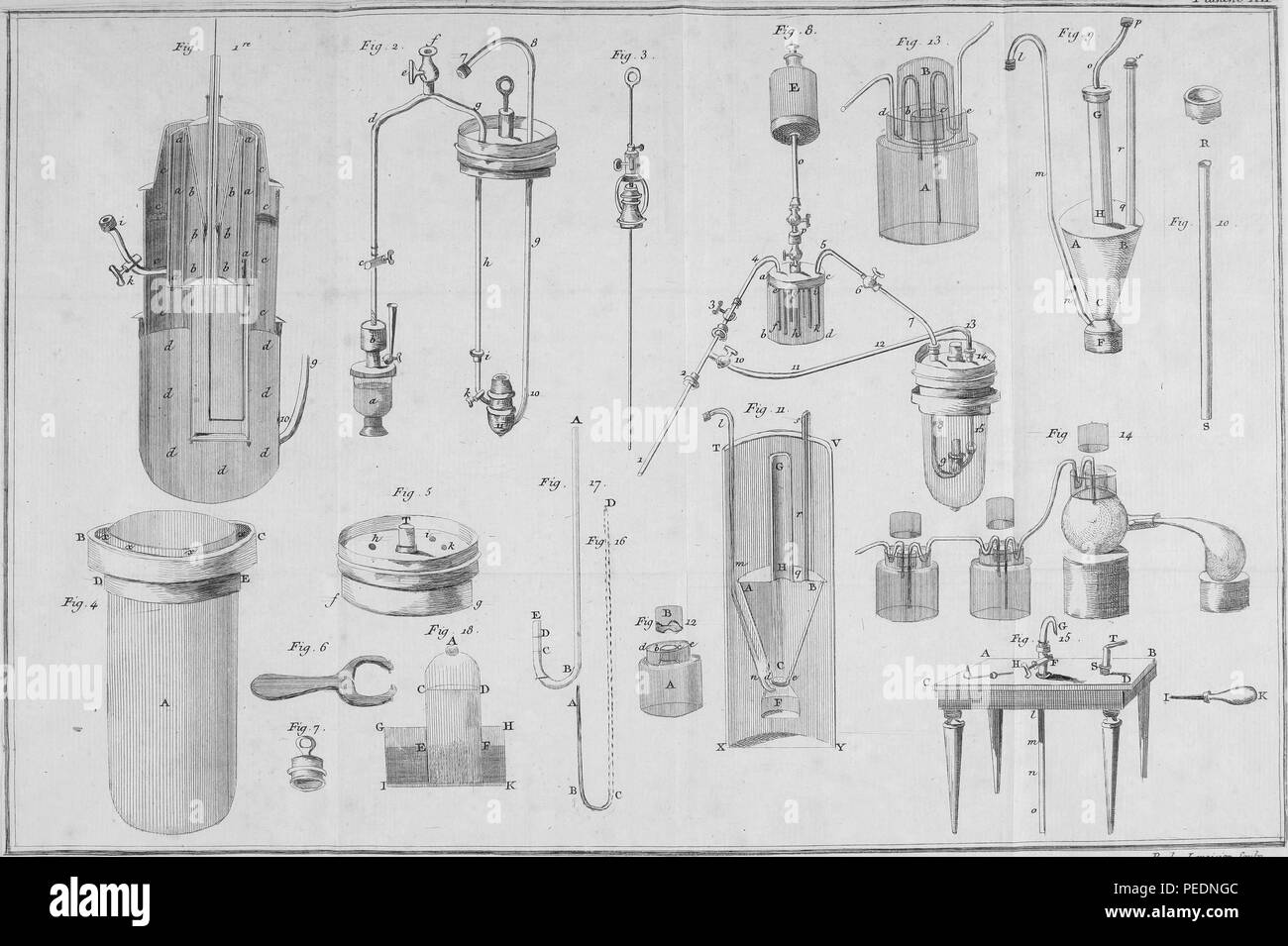 Black and white print illustrating scientific laboratory apparatus, from Lavoisier's 'Traite elementaire de Chimie' or 'Elementary Treatise of Chemistry', 1789. Courtesy Internet Archive. () Stock Photo