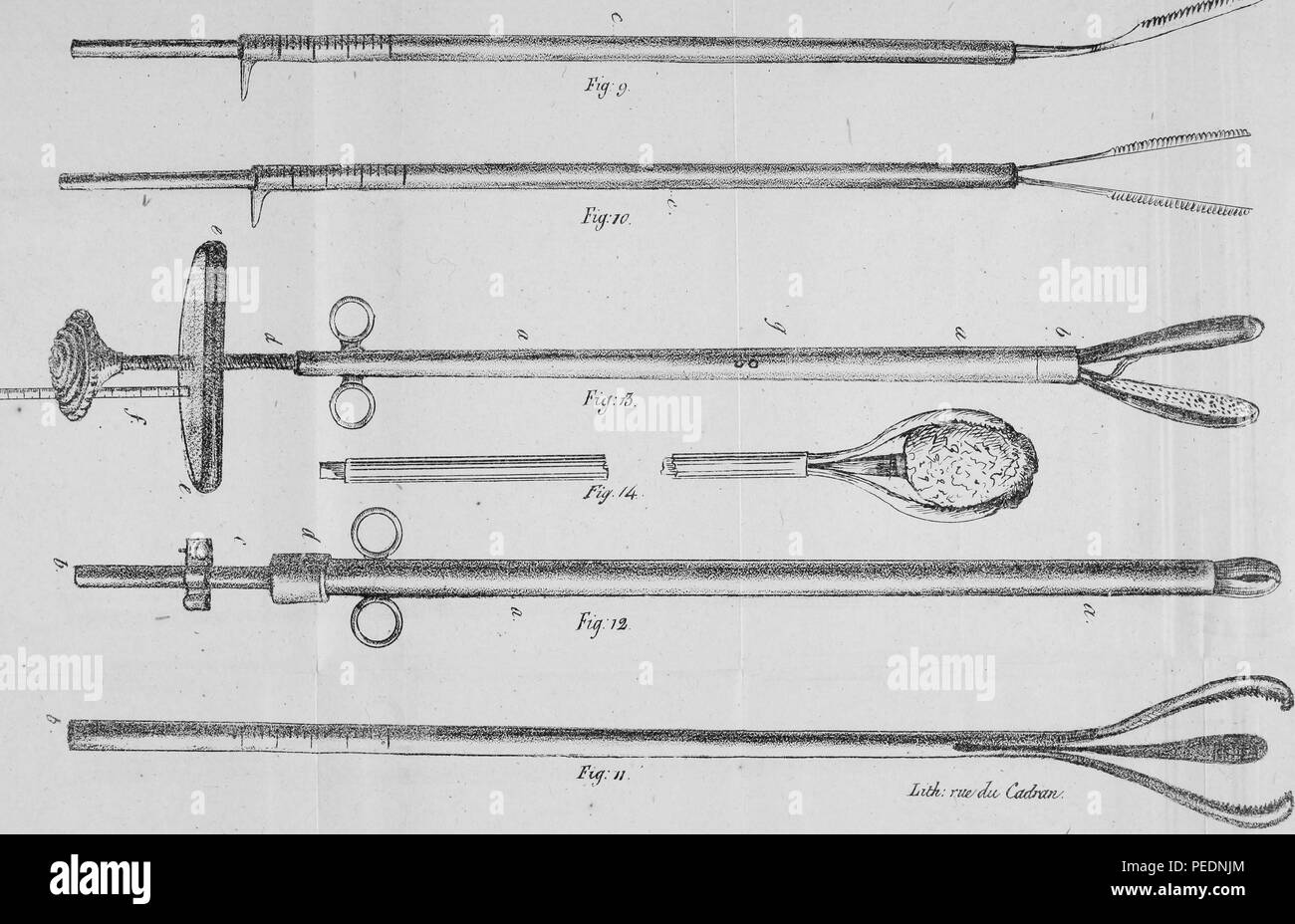 Black and white print illustrating a variety of instruments used to alleviate gallstones, from Jean Jacques Joseph Leroy d'Etiolles', 'Expose des divers procedes employes jusqu'a ce jour pour guerir de la pierre: sans avoir recours a l'operation de la taille' or 'An account of the various processes used to date to cure stones: without having to resort to a major operation', 1825. Courtesy Internet Archive. () Stock Photo