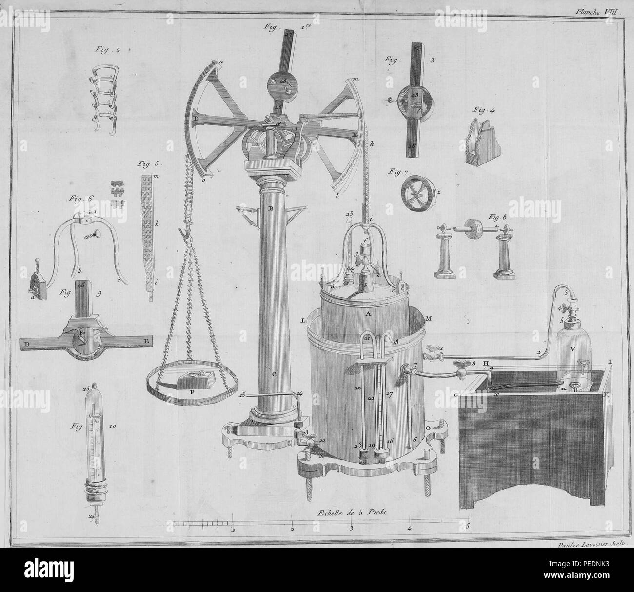 Black and white print illustrating scientific laboratory apparatus set up in a manner used for determining the absolute weights of different gases from Lavoisier's ' Traite elementaire de Chimie' or 'Elementary Treatise of Chemistry', 1789. Courtesy Internet Archive. () Stock Photo