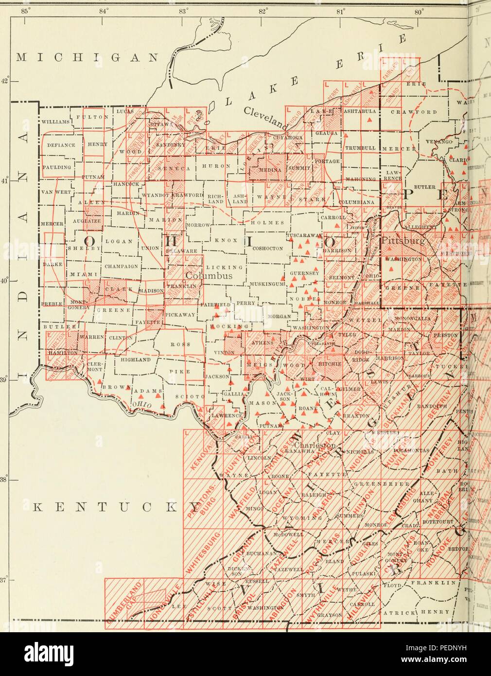 Map of Ohio, with parts of Virginia, West Virginia, and Pennsylvania, with red marks to indicate areas where topographical surveys have been carried out, 1905. Courtesy Internet Archive. () Stock Photo