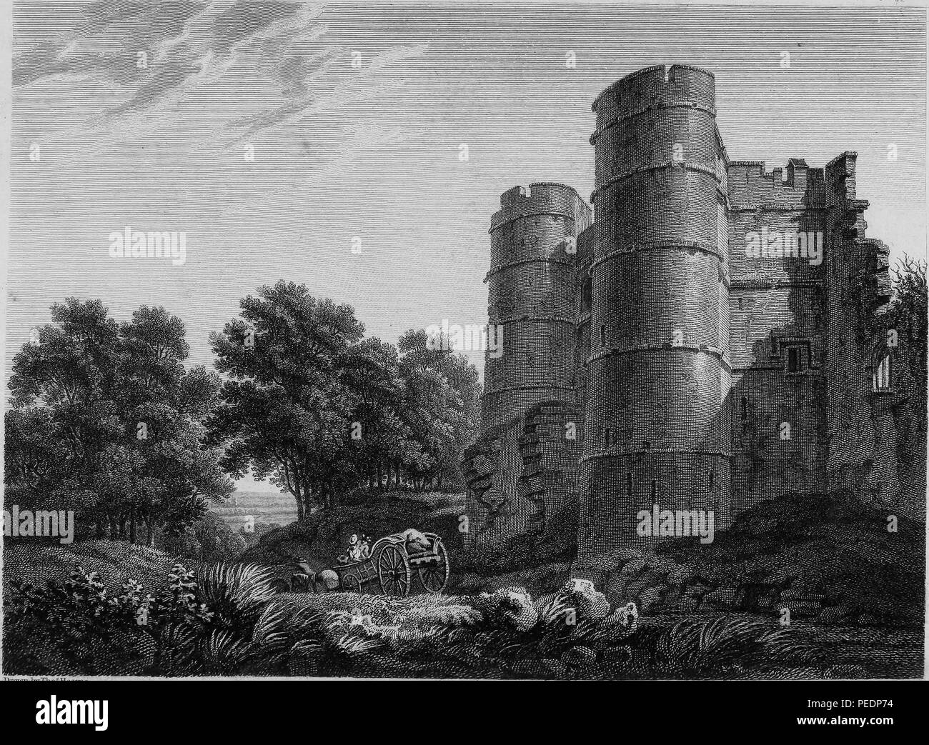 Black and white print showing 'Donnington Castle, ' a dilapidated medieval fortress, with castellations and two tall towers (likely the gatehouse) and a horse-drawn wagon receding into a lush country landscape, located in Berkshire, England, and originally engraved in 1778 by William Byrne after a drawing by T Hearne, 1807. Courtesy Internet Archive. () Stock Photo