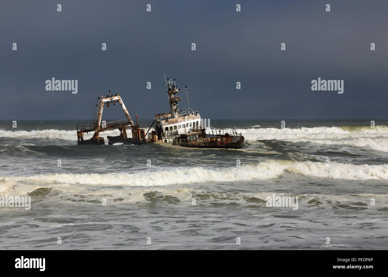 The wreck of the trawler 'Zeila' on the Skeleton Coast near Henties Bay, Namibia. Stock Photo