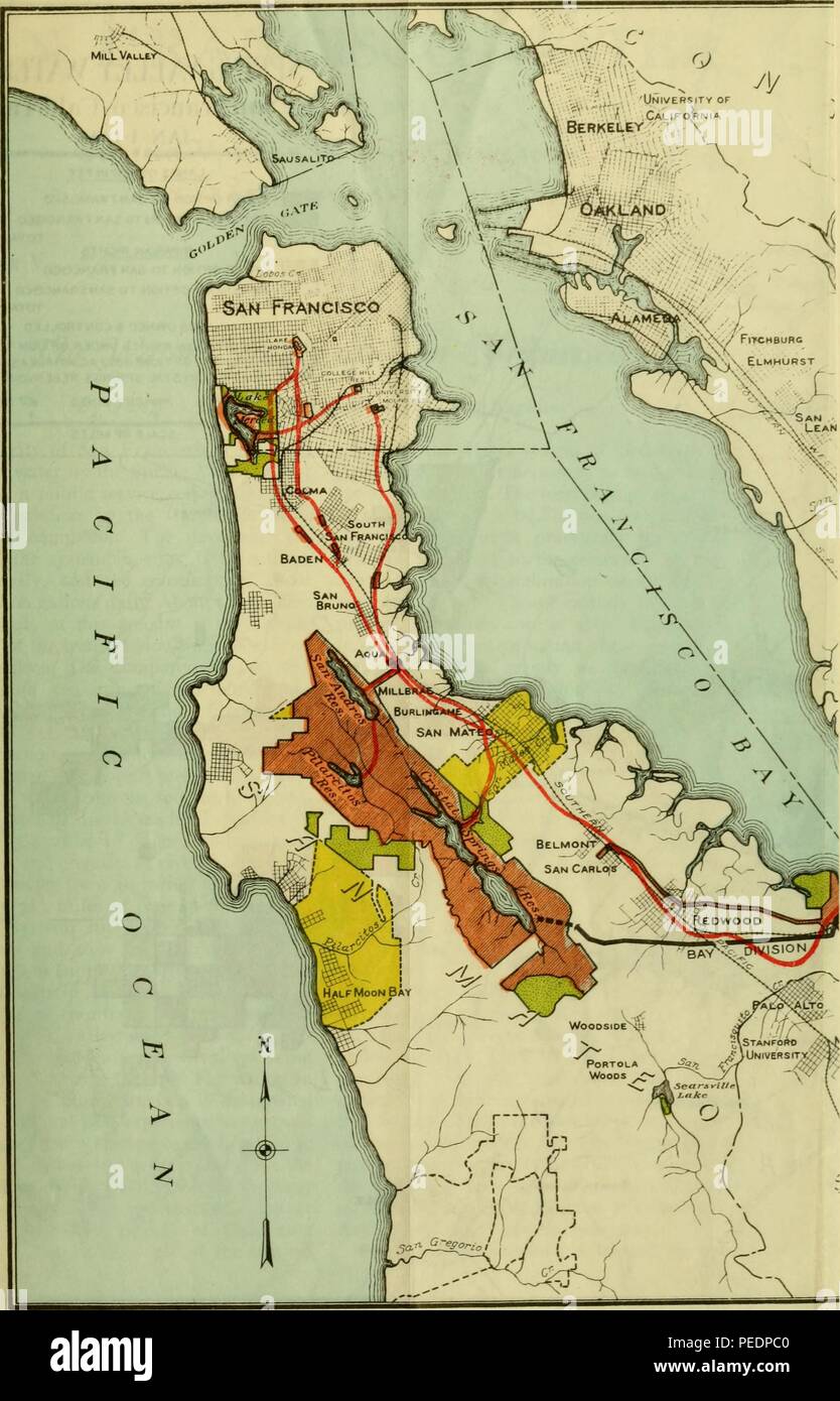 Political and physical map of the San Francisco Bay region, showing water supply lines running from the Crystal Springs, San Andreas, and Pilarcitas reservoirs, and leading to various districts, including downtown San Francisco, published by the Spring Valley Water Company in their serial volume 'San Francisco Water', 1926. Courtesy Internet Archive. () Stock Photo