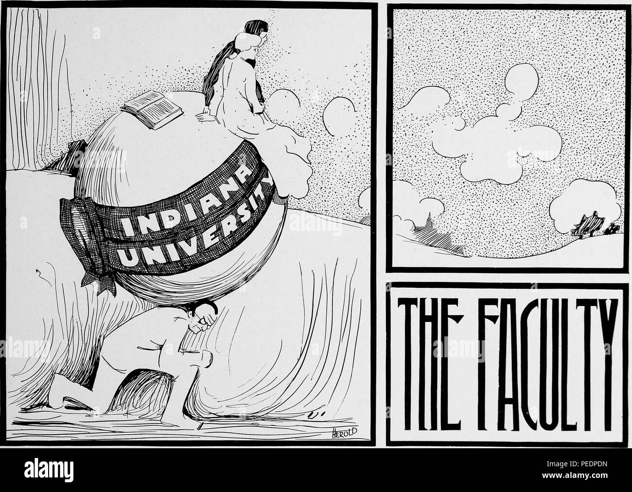 Black and white print, with three framed fields, in the largest of which a man (presumably an Indiana University faculty member) acts as Atlas, balancing a globe, wreathed with a banner reading 'Indiana University, ' and surmounted by an open book and a man and woman (presumably students) and with the words 'The Faculty' in the lower right field, published as the frontispiece to the Indiana University faculty list and photograph page in the University authored volume 'Arbutus', 1894. Courtesy Internet Archive. () Stock Photo