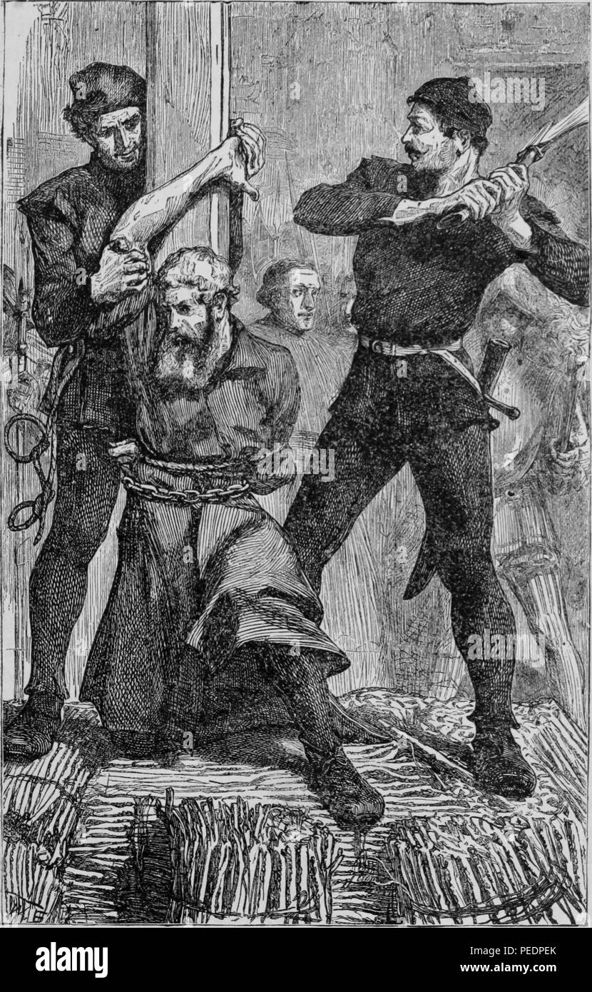 Black and white print depicting William Flower, a 16th-century English Protestant martyr, chained to a stake in St Margaret's churchyard, Westminster, London, the moment before his hand is cut off for the offense of having struck a priest and refusing to accept the Catholic faith, the faggots of wood in the foreground reference his final demise, being burned alive at the same stake only moments after losing his hand, published in the volume 'Errors of the Roman Catholic Church, or, Centuries of Oppression, Persecution and Ruin', 1899. Courtesy Internet Archive. () Stock Photo