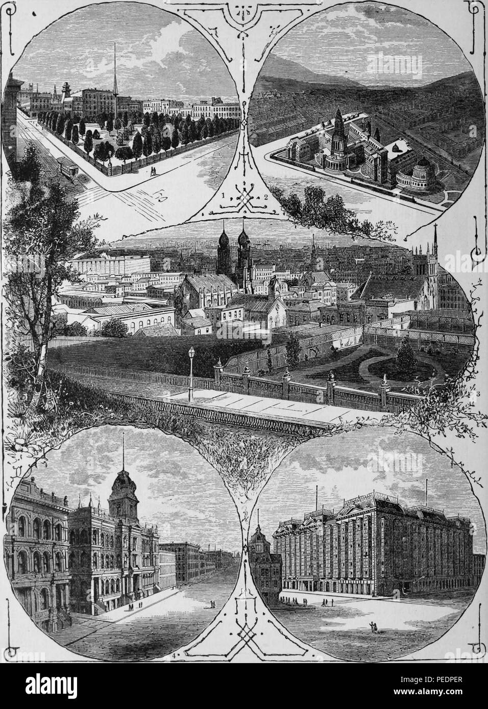 Black and white print depicting five views of late, 19th-century San Francisco, including (clockwise from top left) the city park, new City Hall, the Merchant's Exchange, buildings on Market Street, and (center) a view of the city looking toward the bay, published in 'The Pacific Tourist: Adams and Bishop's illustrated trans-continental guide of travel, from the Atlantic to the Pacific Ocean: a complete traveler's guide of the Union and Central Pacific railroads', 1881. Courtesy Internet Archive. () Stock Photo