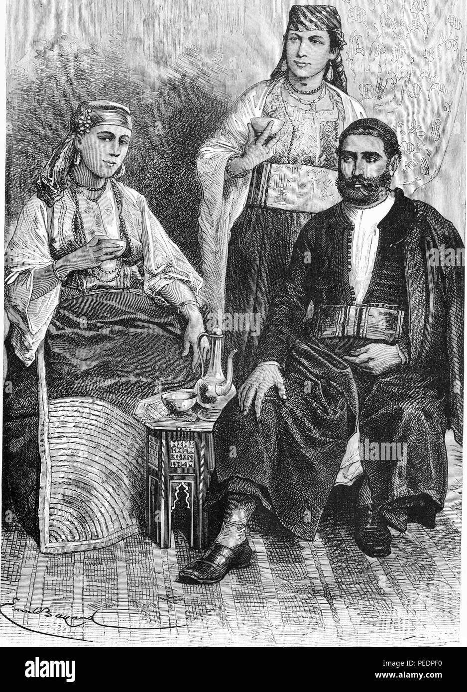 Black and white print depicting Jewish people, hailing from Tangiers, Morocco, the woman at left wears a long skirt with an ornately curved embroidered element rising from the hem, a long beaded necklace and a headscarf with a decorative pin at one side, the bearded man wears a wide belt over his long jacket or djellaba, and a yarmulke on his head, the woman standing in the background also wears a head covering and 19th century Tunisian dress with a wide belt, drawn by Emile Bayard from an original photograph, and published in John Clark Ridpath's volume 'Ridpath's Universal history', 1897. Co Stock Photo