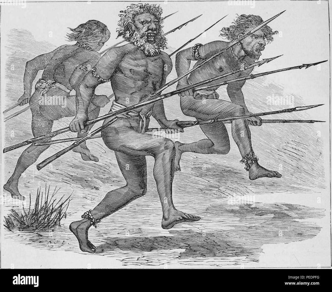 Black and white print depicting a group of bearded Niuean men, holding spears in each hand and wearing loincloths while performing a war dance, published in John George Wood's volume 'The uncivilized races of men in all countries of the world, being a comprehensive account of their manners and customs, and of their physical, social, mental, moral and religious characteristics', 1871. Courtesy Internet Archive. () Stock Photo