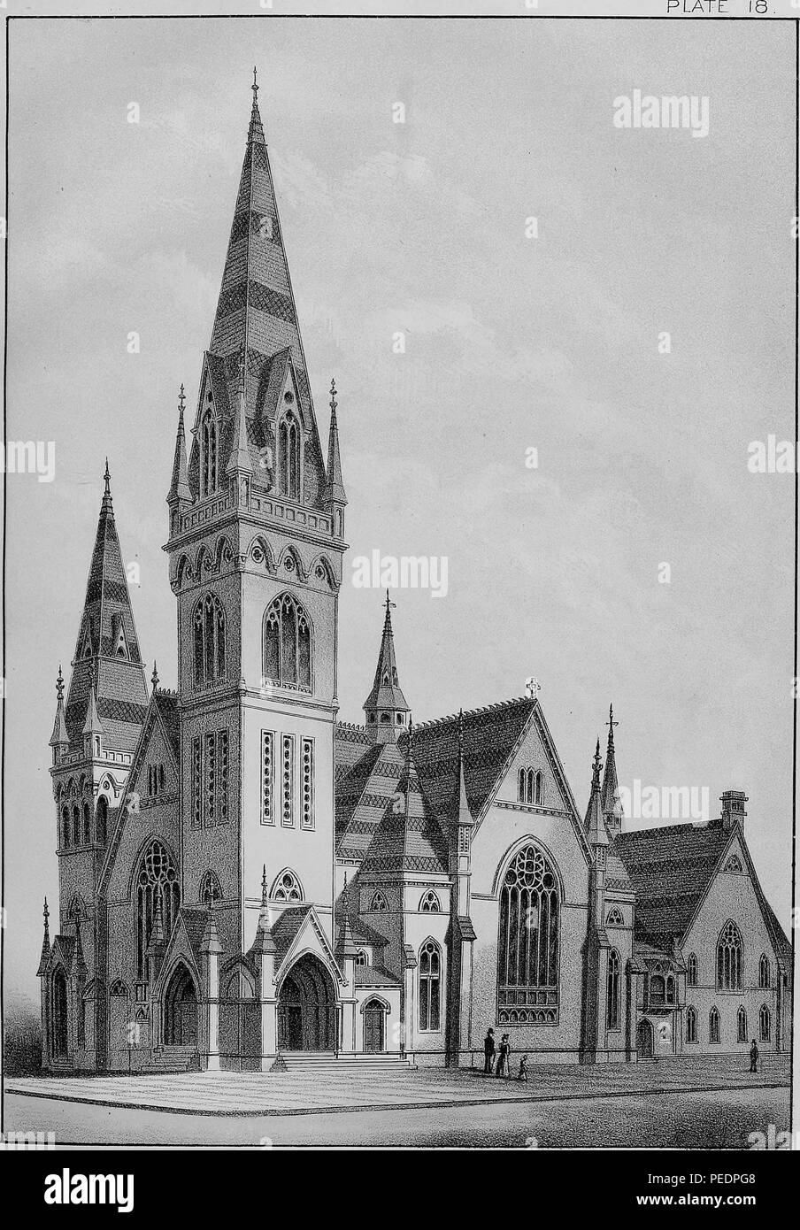 Black and white print depicting the Gothic Revival style, second, First Congregational Church that was formerly located on the corner of 12th Street and Clay, in Oakland, California, USA, 1893. Courtesy Internet Archive. () Stock Photo