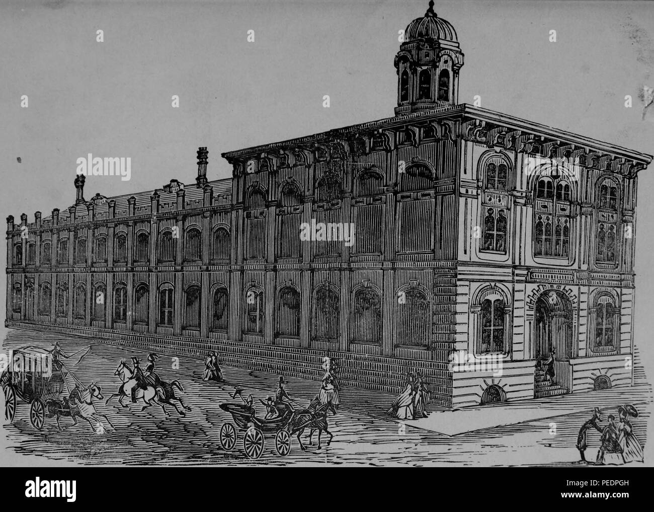 Black and white print depicting Toland Hall, with people in Victorian dress on the sidewalk in the foreground, built in the Renaissance Revival style with arched windows and a small cupola, the building was the original home of the University of California at San Francisco, and housed the Medical Department before it moved to the Parnassus campus, published in the 'Annual Announcement of Lectures at Toland Hall, Medical Department of the University of California, San Francisco, California', 1878. Courtesy Internet Archive. () Stock Photo