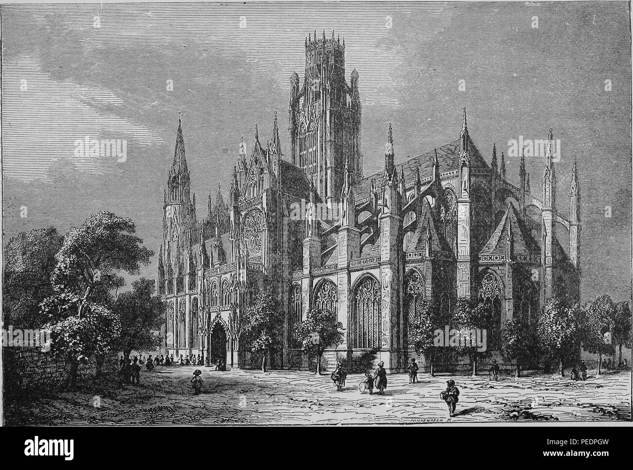 Black and white print depicting the Cathedral at Rouen, a Roman Catholic church located in Rouen, Normandy, France, built in the Gothic style with tall spires and buttress supports, published in James Luke Meagher's 'Teaching Truth by Signs and Ceremonies', 1882. Courtesy Internet Archive. Courtesy Internet Archive. () Stock Photo