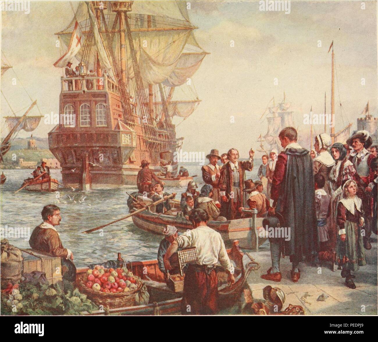 Color print depicting a scene of the Pilgrim Fathers leaving Plymouth Rock in a small rowboat, with a larger ship in the background, illustrated by Bernard F Gribble and published in HG Wells 'The outline of History: being a plain history of life and mankind', 1920. Courtesy Internet Archive. () Stock Photo