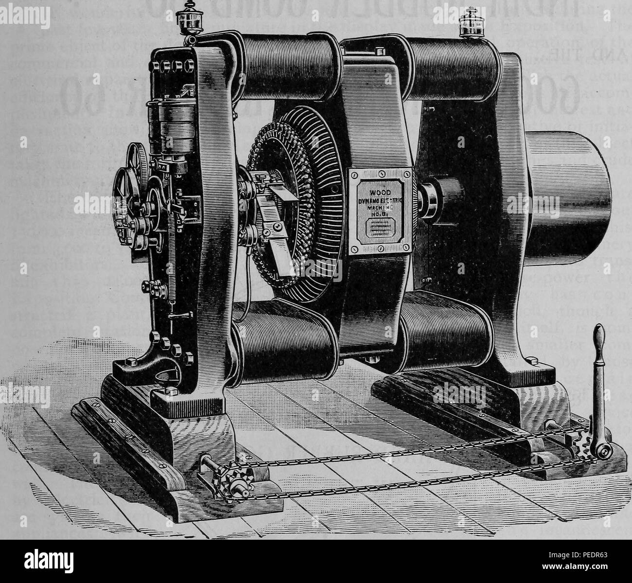 Black and white print advertising the 'Wood Dynamo Electric Machine, ' a generator manufactured by the Fort Wayne Electric Company in Fort Wayne Indiana, USA, which was exhibited in the Electrical Building at the World's Columbian Exposition( aka the Chicago World's Fair) and published in 'The Official Directory of the World's Columbian Exposition', 1893. Courtesy Internet Archive. () Stock Photo