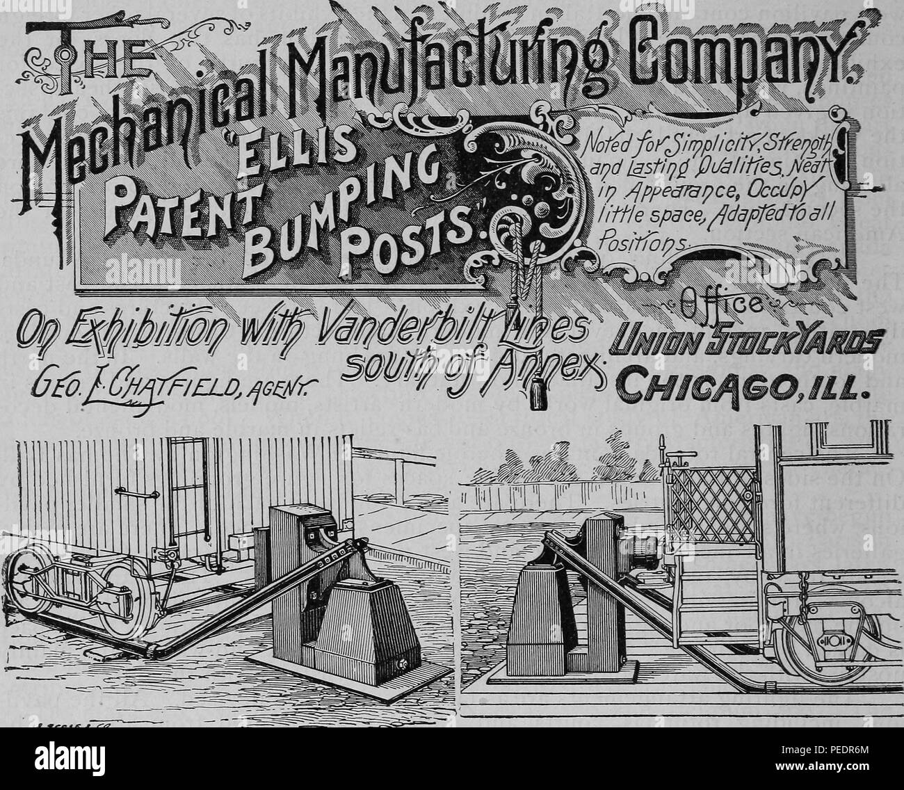 Black and white print advertising the 'Ellis' Patent Bumping Post, a railroad line safety stop made by The Mechanical Manufacturing Co, which was exhibited with Vanderbilt Lines south of Annex, at the World's Columbian Exposition aka the Chicago World's Fair, located in Chicago Illinois, USA, published in 'The Official Directory of the World's Columbian Exposition', 1893. Courtesy Internet Archive. () Stock Photo