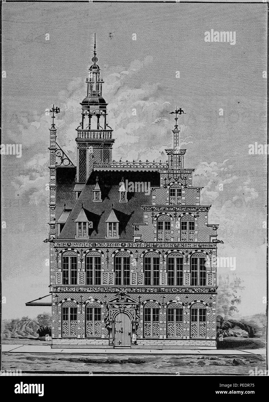 Black and white print advertising the Van Houten's Cocoa Building, a brick-faced Victorian structure located on the NE corner of Manufactures and the Liberal Arts Building, at the World's Columbian Exposition aka the Chicago World's Fair, located in Chicago Illinois, USA, published in 'The Official Directory of the World's Columbian Exposition', 1893. Courtesy Internet Archive. () Stock Photo