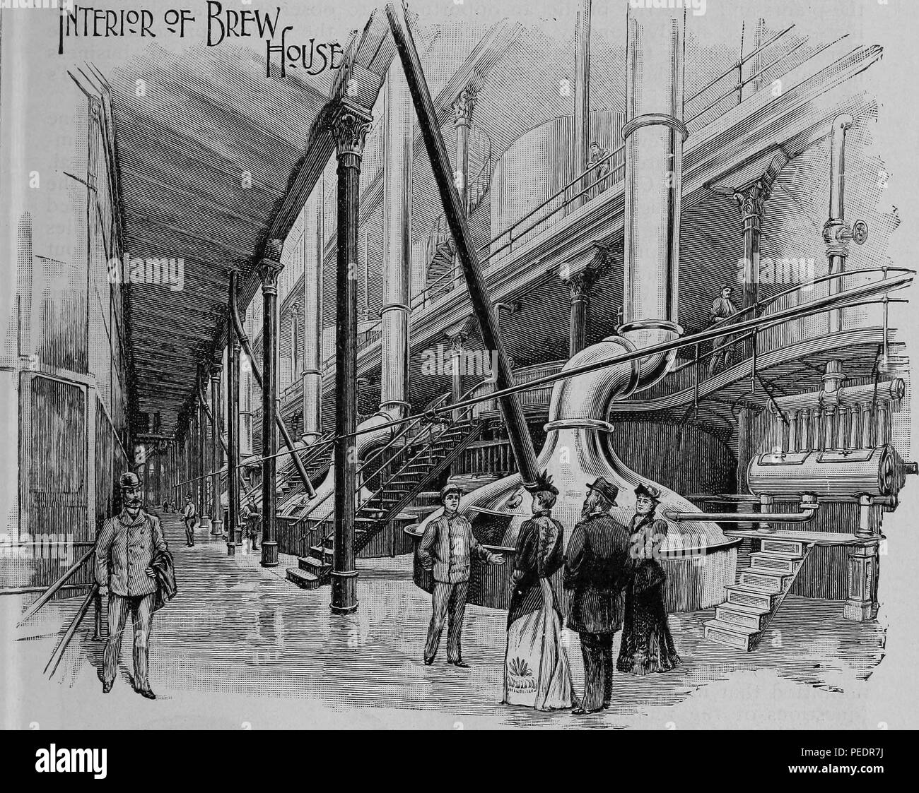 Black and white print illustrating the interior of the Pabst Brewing Company's Brewhouse, located in Milwaukee, Wisconson, USA, published in 'The Official Directory of the World's Columbian Exposition' as part of the Brewery's advertising efforts during the World's Columbian Exposition aka the Chicago World's Fair, 1893. Courtesy Internet Archive. () Stock Photo