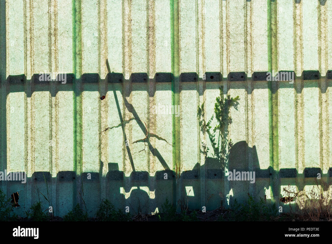 Graphic silhouetted patterns on transparent fiberglasss fence;   Salida; Colorado; USA Stock Photo