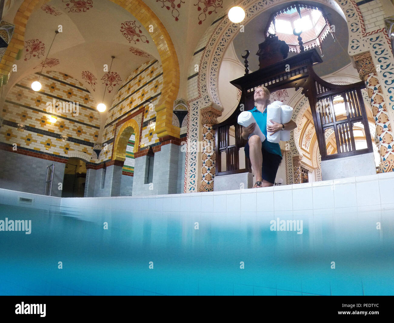 Bath Attendant Amanda Whalen, 50 at the Turkish Baths in Harrogate, which are re-opening to the ...