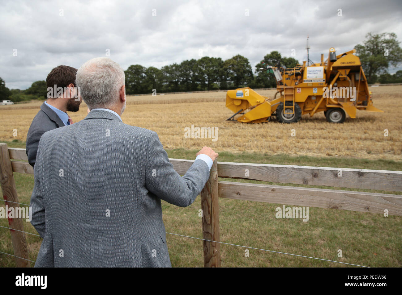 Labour leader Jeremy Corbyn views Hands Free Hectare, an autonomous harvester, during his visit to Harper Adams University, Newport. Corbyn came under attack from Israeli Prime Minister Benjamin Netanyahu on Monday after it emerged that he attended a ceremony where a wreath was was laid in memory of Palestinians suspected of being behind the Munich Olympics massacre. Stock Photo