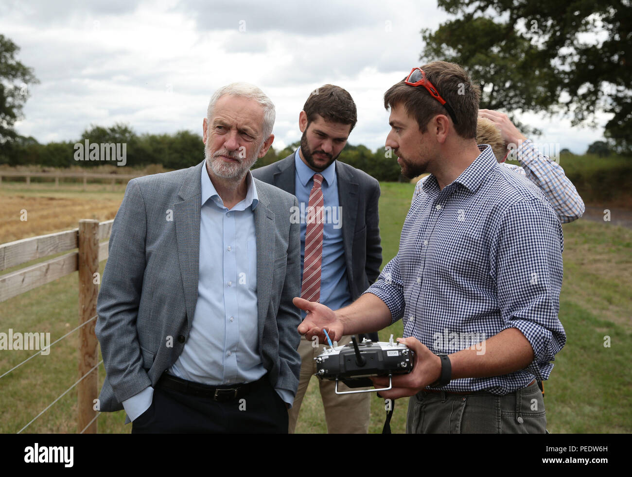 Labour leader Jeremy Corbyn sees how Hands Free Hectare, an autonomous harvester, is controlled during his visit to Harper Adams University, Newport. Corbyn came under attack from Israeli Prime Minister Benjamin Netanyahu on Monday after it emerged that he attended a ceremony where a wreath was was laid in memory of Palestinians suspected of being behind the Munich Olympics massacre. Stock Photo