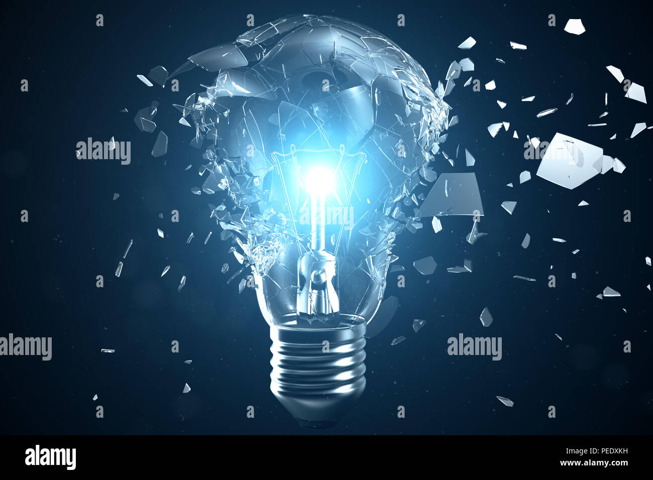 3D illustration Exploding light bulb on a blue background, with concept