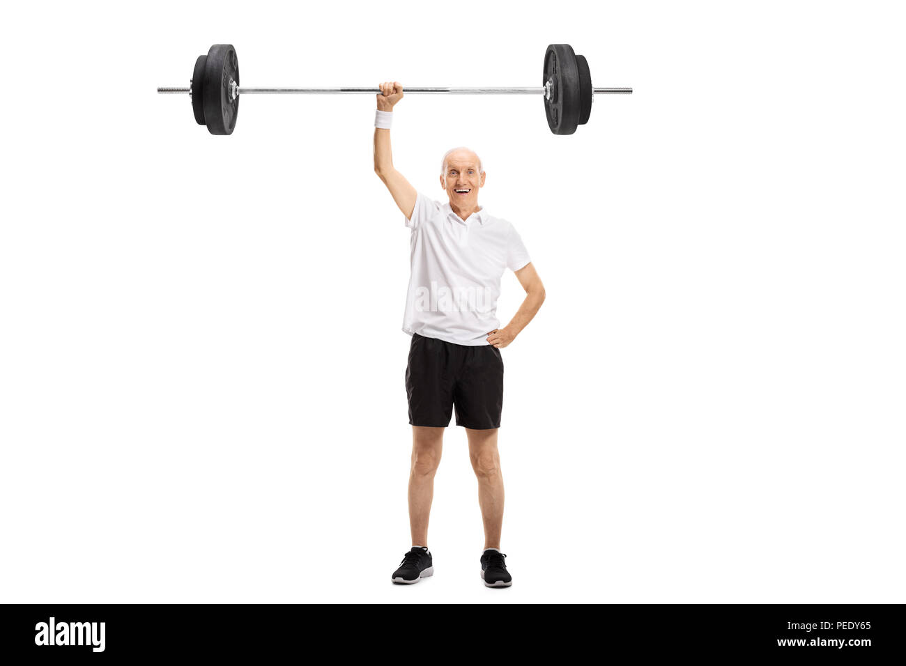 Full length portrait of a senior lifting a barbell with one hand isolated on white background Stock Photo