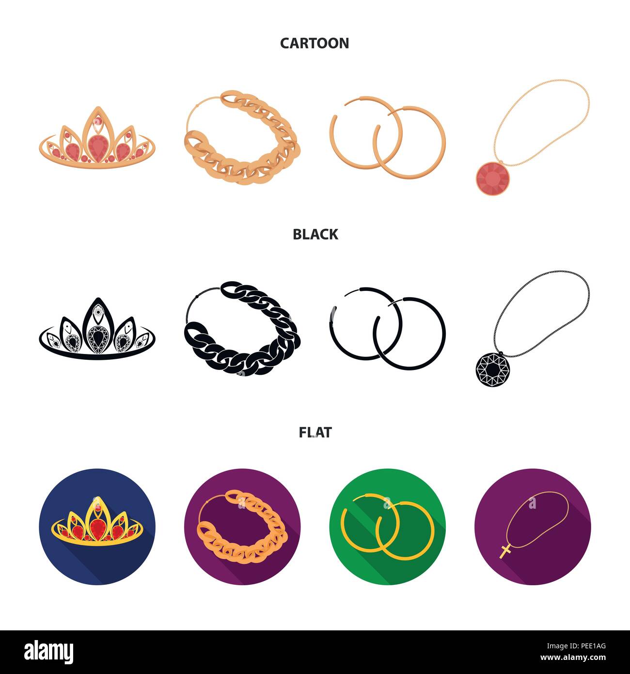 Tiara, gold chain, earrings, pendant with a stone. Jewelery and accessories set collection icons in cartoon,black,flat style vector symbol stock illus Stock Vector