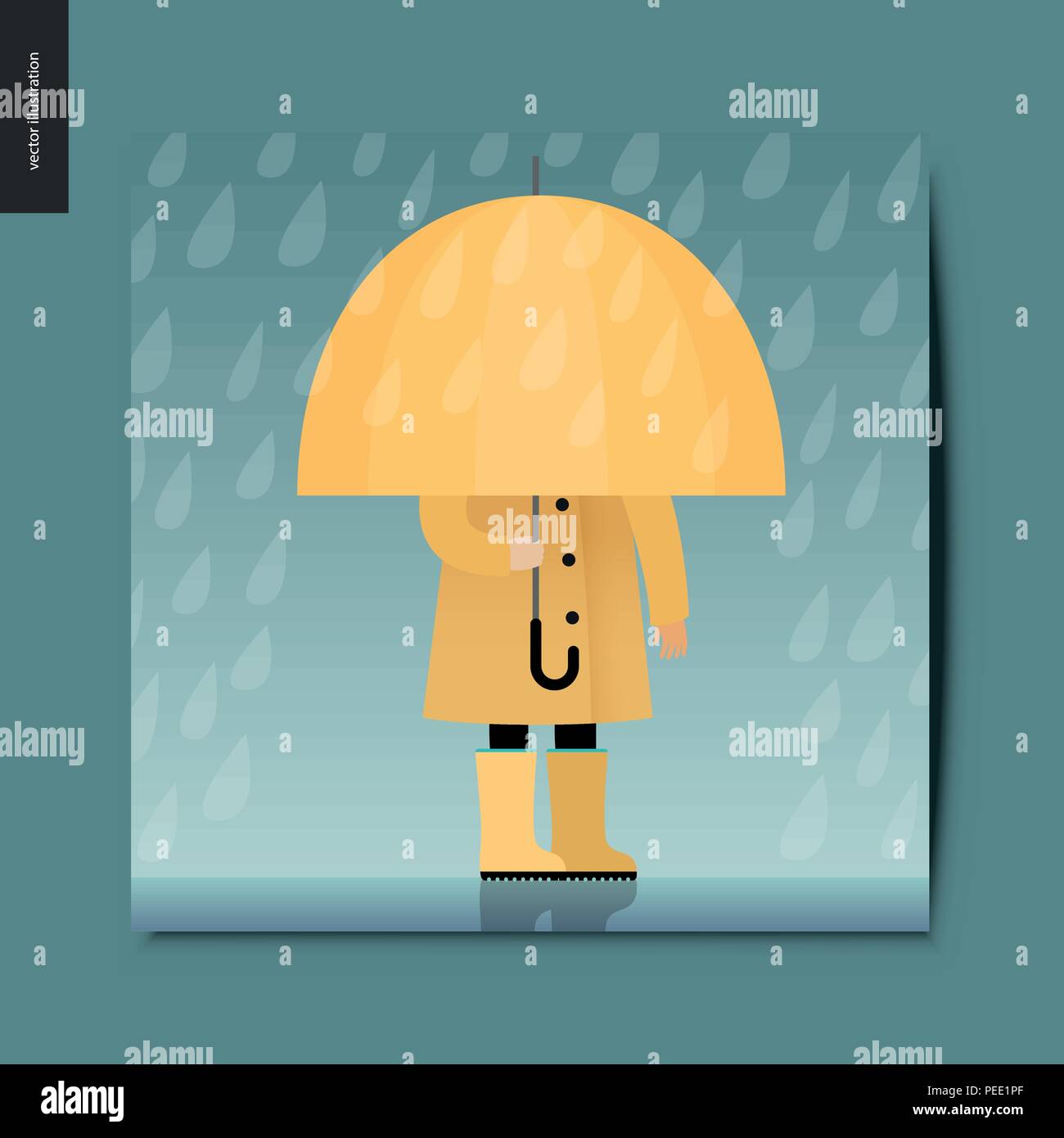 Simple things - a kid standing in the puddle with an yellow umbrella under the rain drops, wearing yellow raincoat and yellow boots, postcard, vector  Stock Vector
