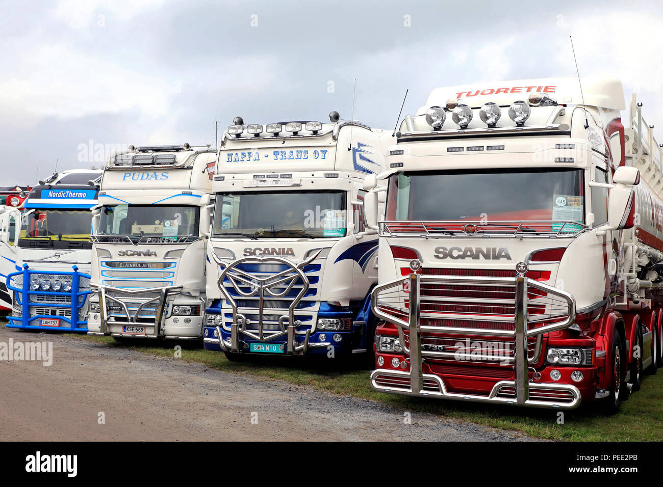 ALAHARMA, FINLAND - AUGUST 10, 2018: Bull bars of different design in front of Scania and Volvo semi trucks on Power Truck Show 2018. Stock Photo