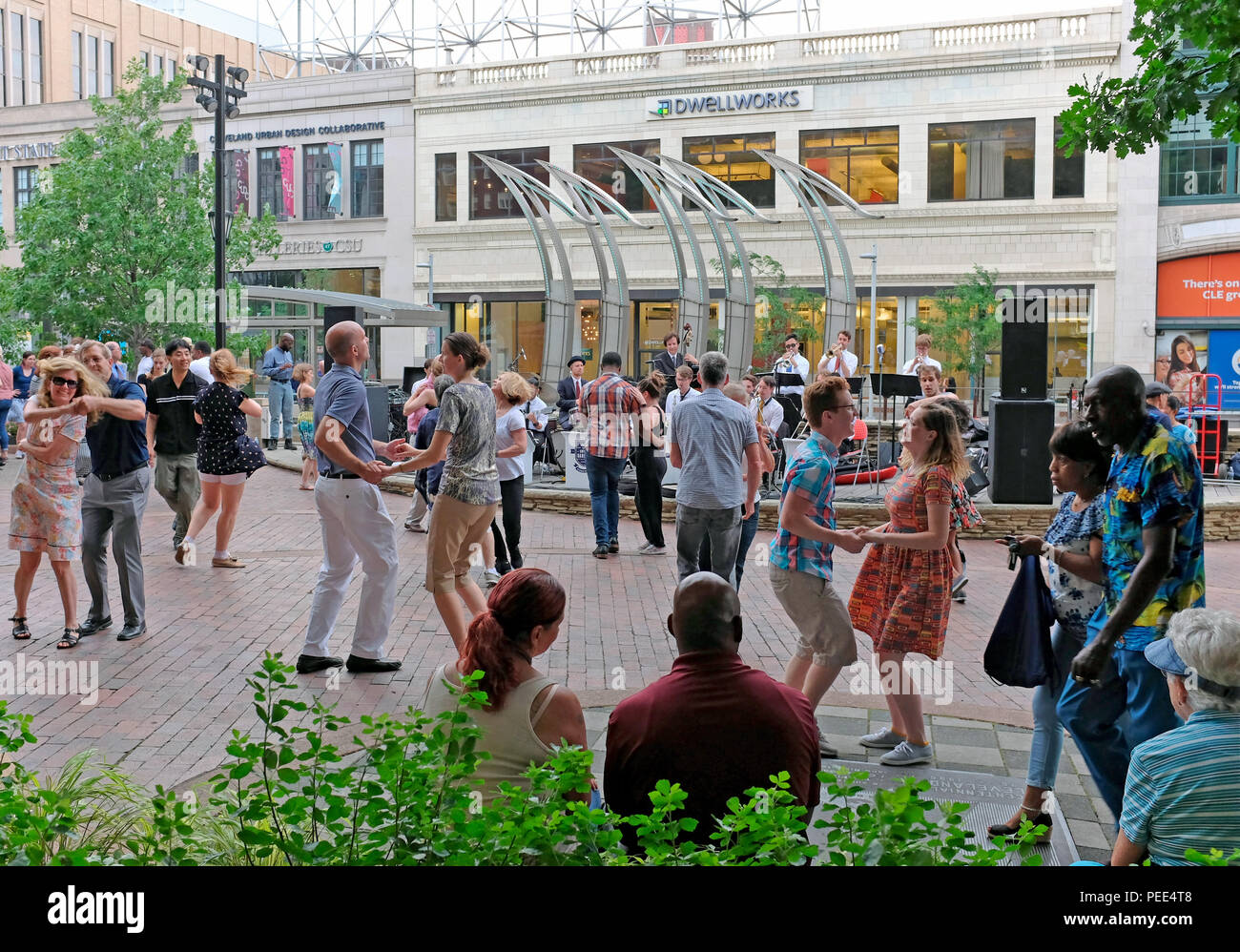 Cleveland residents and visitors take to US Bank Plaza in Playhouse Square to swing dance to the L.A. Swing Barons during one of the weekly dances Stock Photo