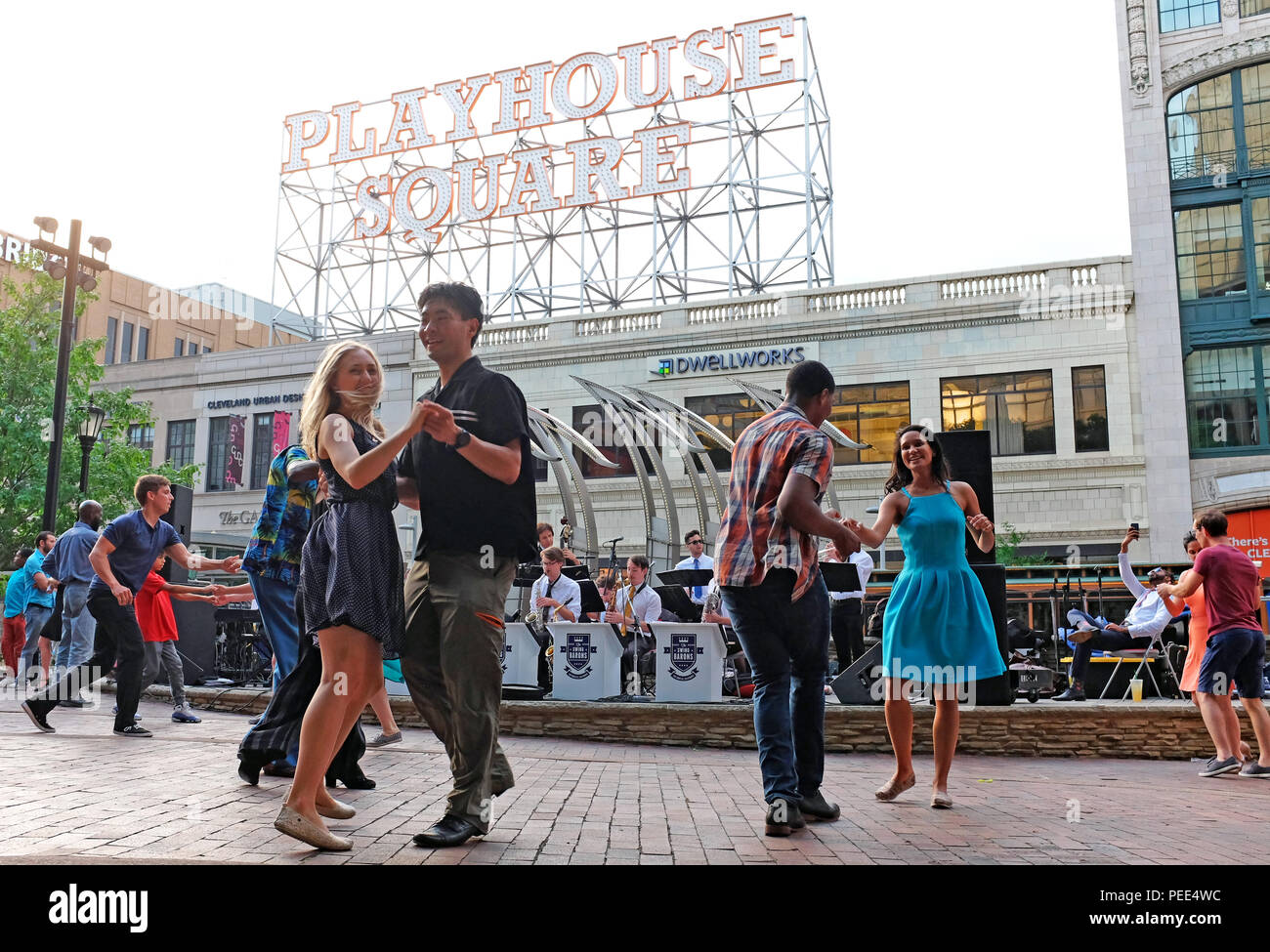 Summertime swing dancing outdoors to live band in Playhouse Square in Cleveland, Ohio, USA. Stock Photo