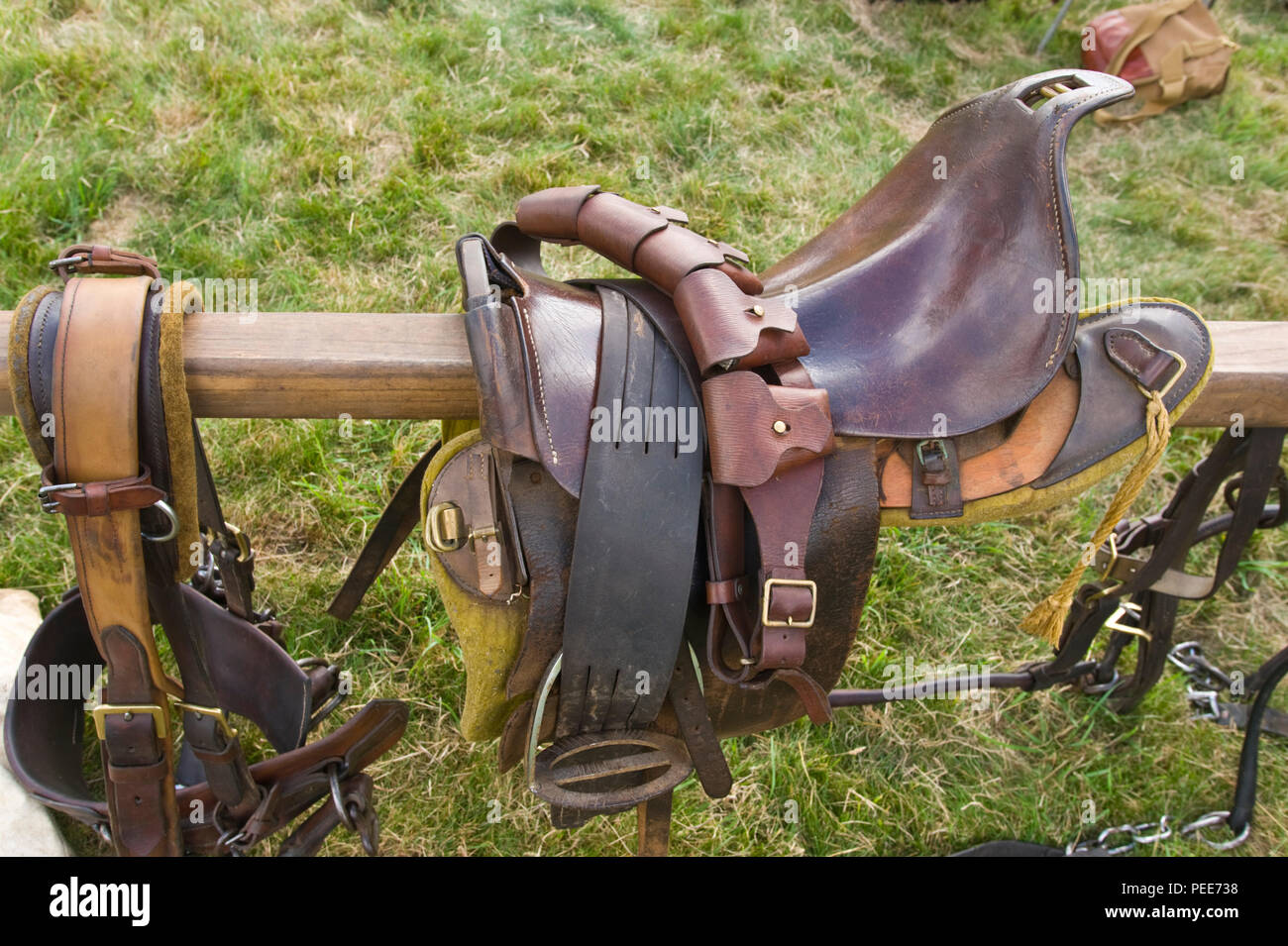 World War One living history reenactment saddle for horse at Hay-on-Wye Powys Wales UK Stock Photo