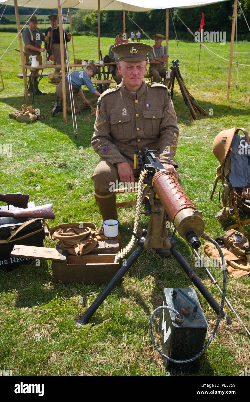 World War One living history reenactors with machine gun at Hay-on-Wye Powys Wales UK Stock Photo