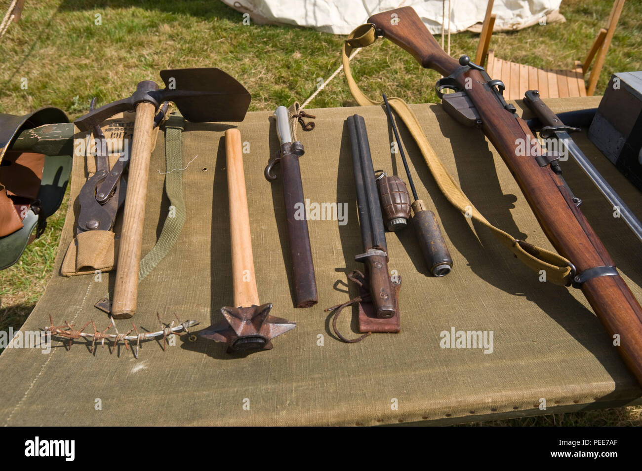 World War One living history reenactment display of soldiers weapons and tools at Hay-on-Wye Powys Wales UK Stock Photo