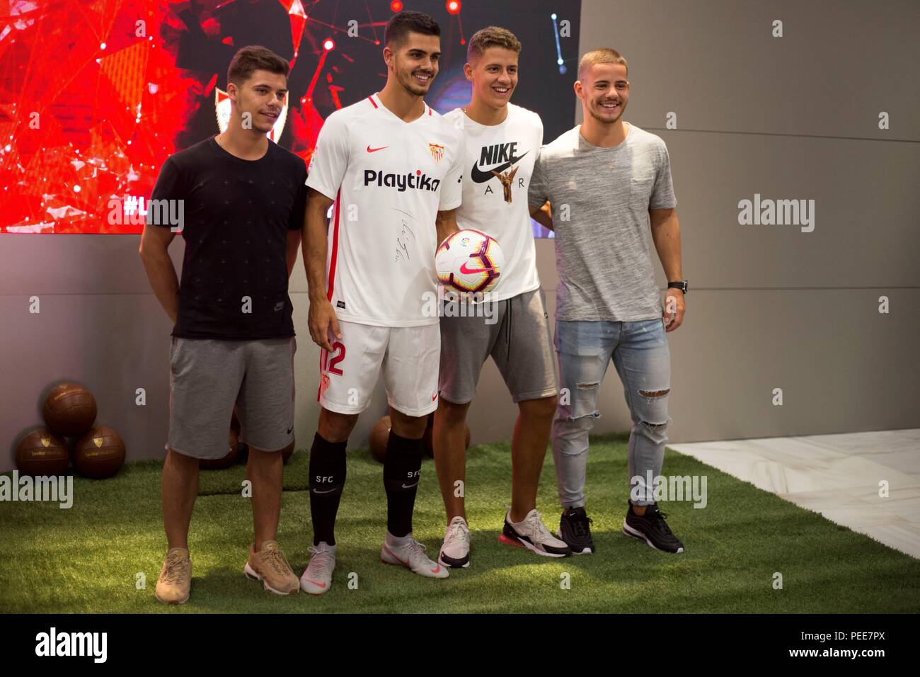 Sevilla, Spain. 14th Aug, 2018. Sevilla FC has presented this new midday to  new addition for next season. The Portuguese Andre Silva presented as a new  player for Sevilla FC, the president