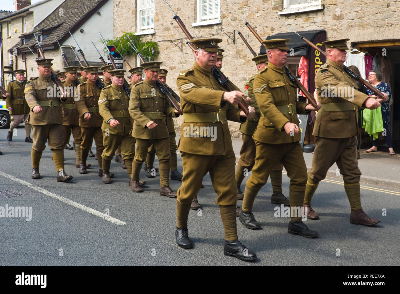 World War One living history reenactors soldiers marching in parade at ...